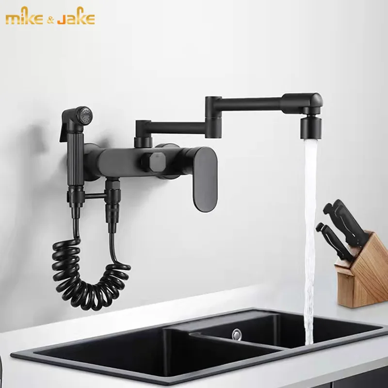 

Wall type kitchen dish washing basin hot and cold faucet double hole washing table dishwashing basin balcony with spray gun wall