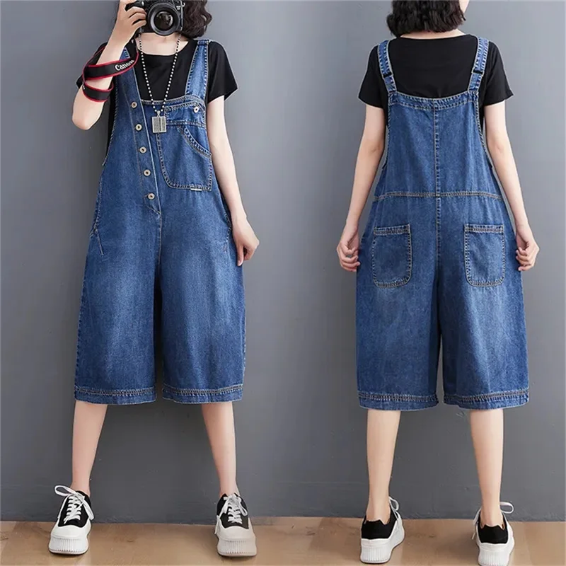 

Denim Playsuits Women's Summer New Strap Shorts Over Knee Mid long Casual Jumpsuit Pant with Strap Wide Leg Pants Female Jeans