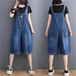 Monos de mezclilla para mujer, pantalones cortos por encima de la rodilla, mono informal de longitud media con correa, pantalones de pierna ancha, pantalones vaqueros femeninos, novedad de verano