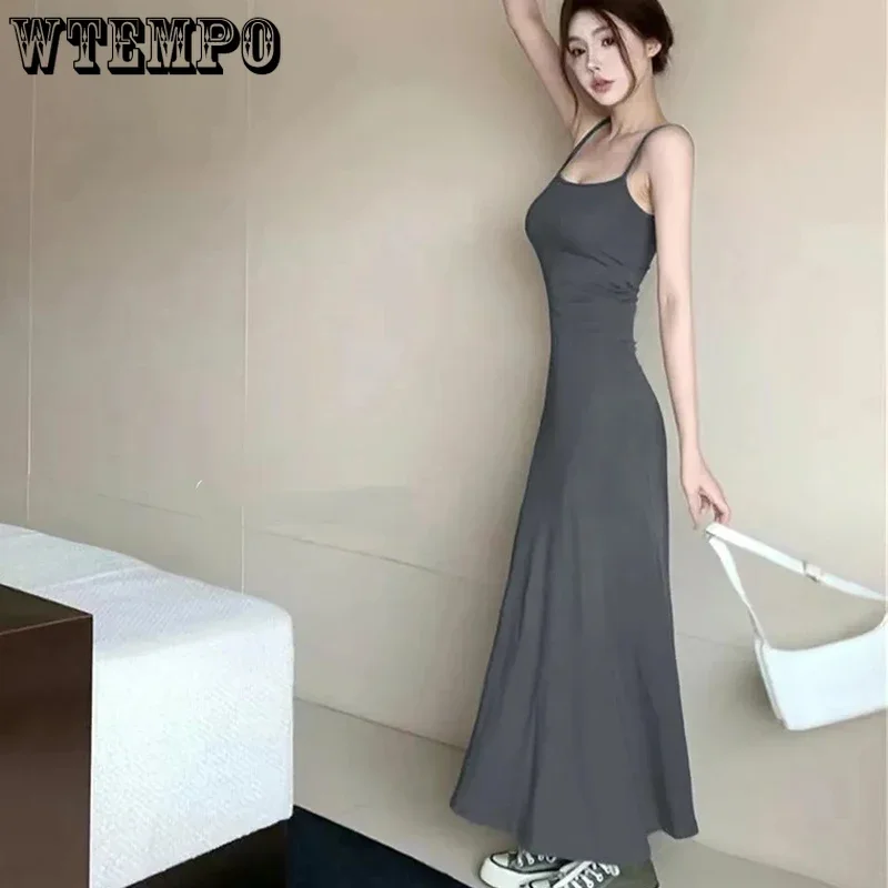 WTEMPO Fashion New Solid Color High Waist Casual Camisole Dress Women Summer New Sexy Slim Backless Long Dresses for Party Club