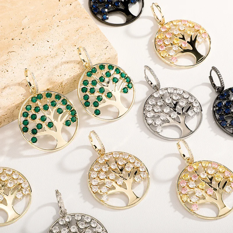 Round Hollow Tree of Life Pendant Charms Copper Multi‑Color Zircon DIY Necklace Earring Jewelry Making Accessories Wholesale