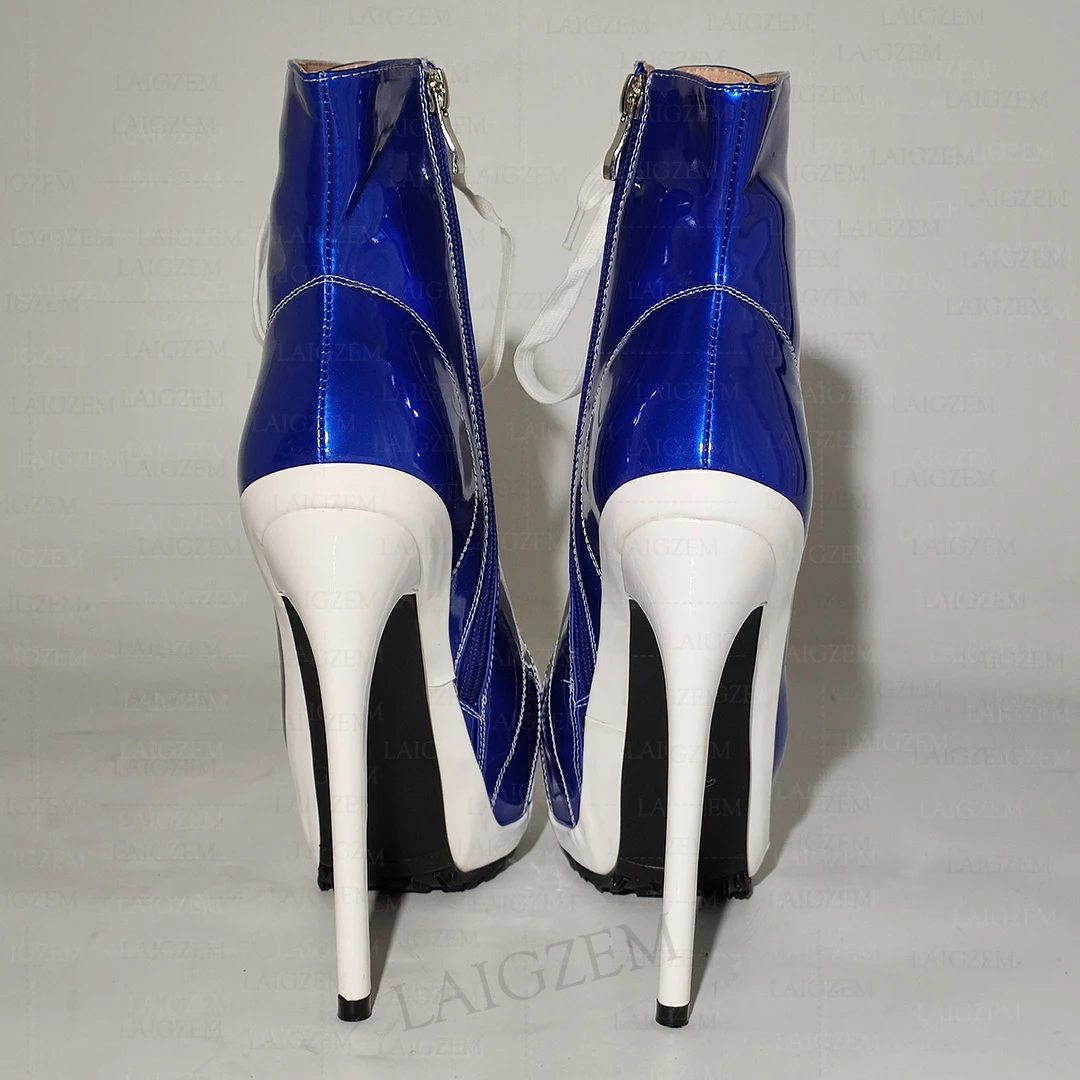 LAIGZEM Women Ankle Boots Platform Shiny Zip Up Thin High Heels Short Booties Ladies Handmade Shoes Woman Large Size 38 41 45 52