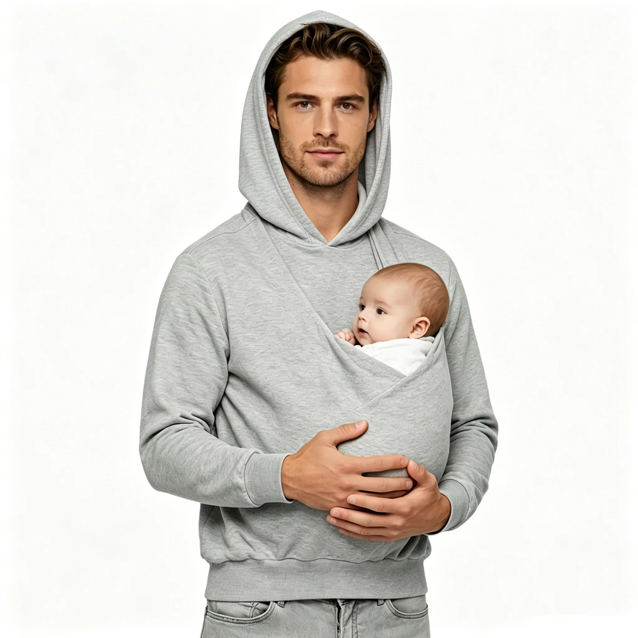 Men Kangaroo Hooded Sweatshirt Dad and Baby Carrier Hoodie Front Large Pouch Pullover Top Outing Travel Cycling Sports Jacket