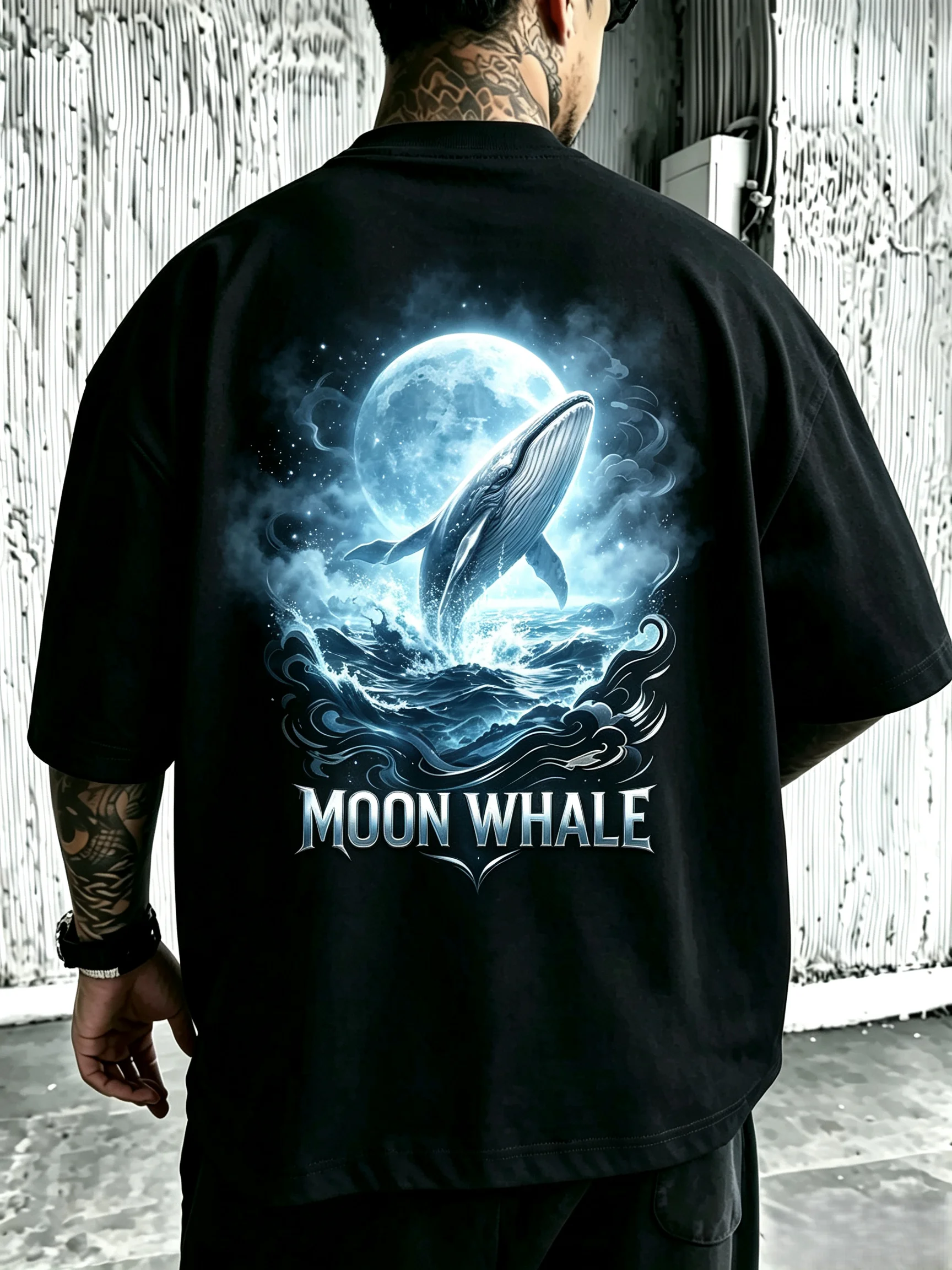 Unisex Moon Whale Back Print T Shirt Men Women Full Moon Ocean Wave White Whale Graphic Oversized Crew Neck Short Sleeve Tee Aesthetic Streetwear Cotton Top