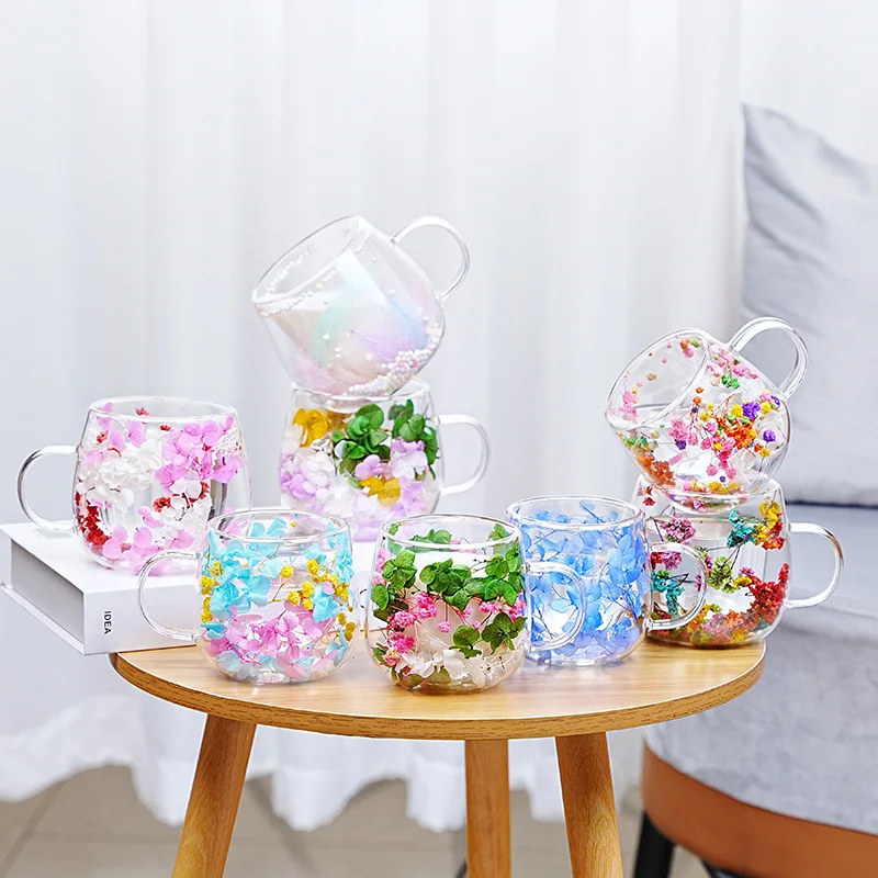 Double Wall Glass Water Cup Artificial Simulation Flowers Clear Milk Cups with Handles Home Drinking Glass Cup Teacup Gifts New