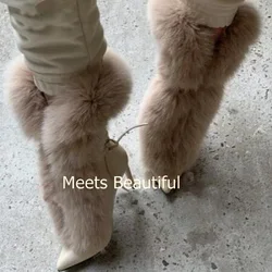 Beige Fox Fur Pointed Toe Stiletto Heels Lace Up Mid-calf Boots Women Luxury Slip On High Heel Ankle Boots Shoes Drop Shipping