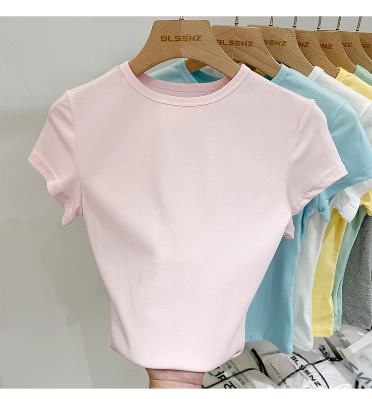 Zjaiss 2026 Sommer Neues Design Slim Fit Basic Top Trendiges Damen Baumwoll-Kurzarm-T-Shirt Einfarbig Vielseitiges O-Neck Tee – Detail 20