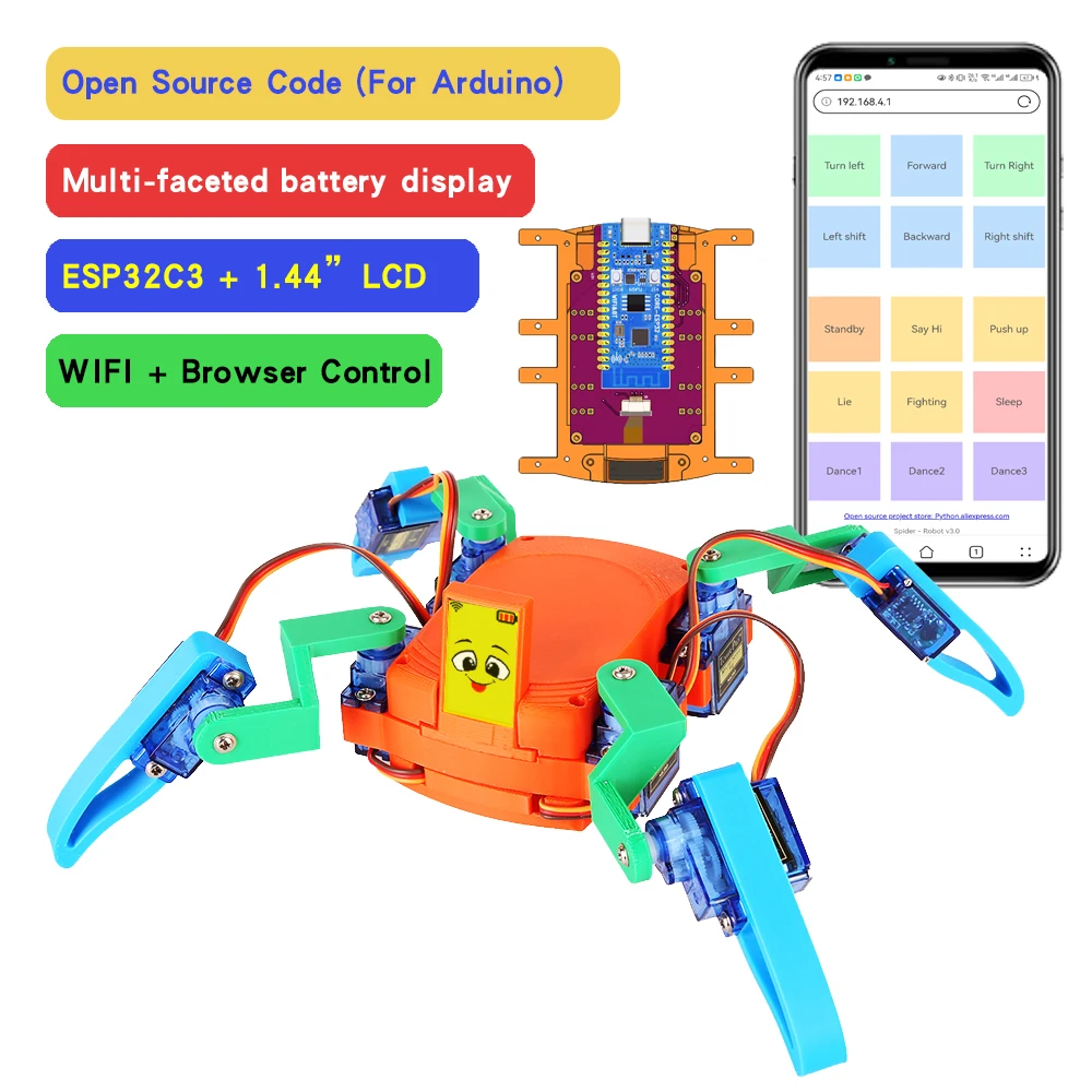 quadrupede spider robot para arduino open source projeto de aprendizagem escola design esp32c3 lcd 01