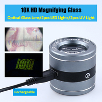 10X HD Full Metal Magnifying Glass Portable Scale Measuring Cylinder USB Rechargeable Stamps Jewelry Magnifier With 6 LED Light