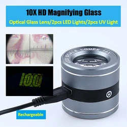 10X HD Full Metal Magnifying Glass Portable Scale Measuring Cylinder USB Rechargeable Stamps Jewelry Magnifier With 6 LED Light