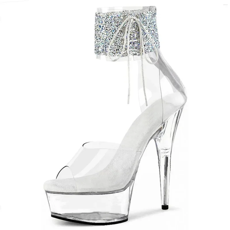 Women\'s Sandals Sparkling Pink Transparent Crystal Sex Pole Dance Sexy Nightclub Buckle Strap Waterproof Platform Women Shoe