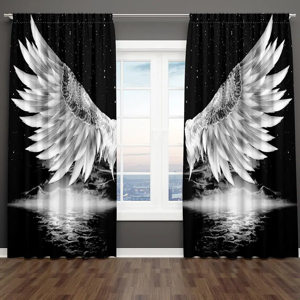 

Angel Wings Curtains Black White Wing Print Drapes Creative Living Room Bedroom Starry Decor Curtains 2 Panels Set