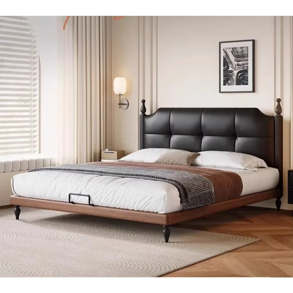 Square Tufted Leather Upholstered Bed Frame Solid Wood Swivel Leg Platform Bed Walnut Veneer Surface Supports Custom OEM Service