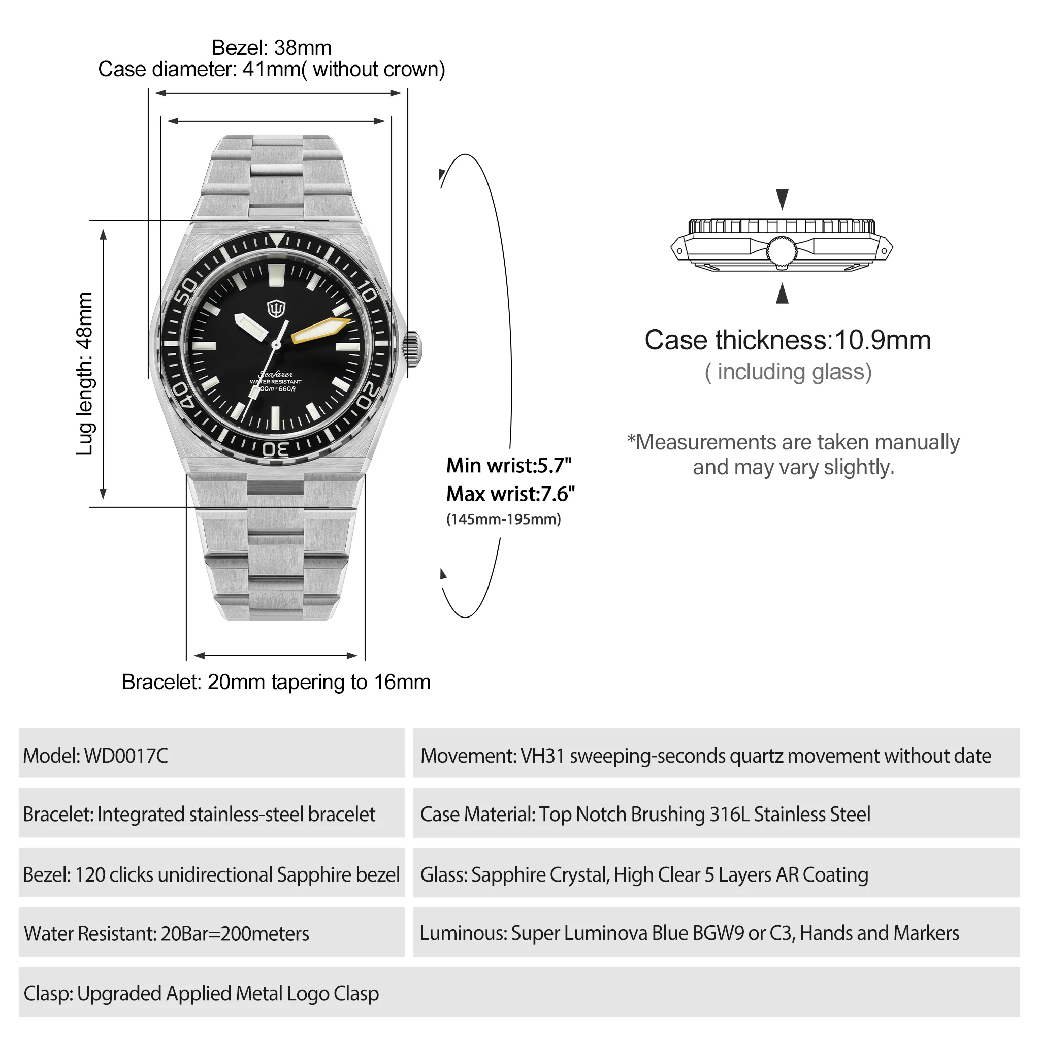 Watchdives WD0017C V2 41MM Quartz Diver Watch Sapphire Bezel VH31 Ronda 515 316L Steel Case Super Luminova BGW9 C3 Dive Watch