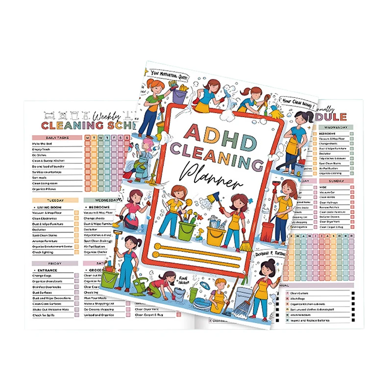 مخطط التنظيف للبالغين والنساء والأطفال، جدول التنظيف اليومي المنزلي ودفتر تنظيم قائمة المرجعات