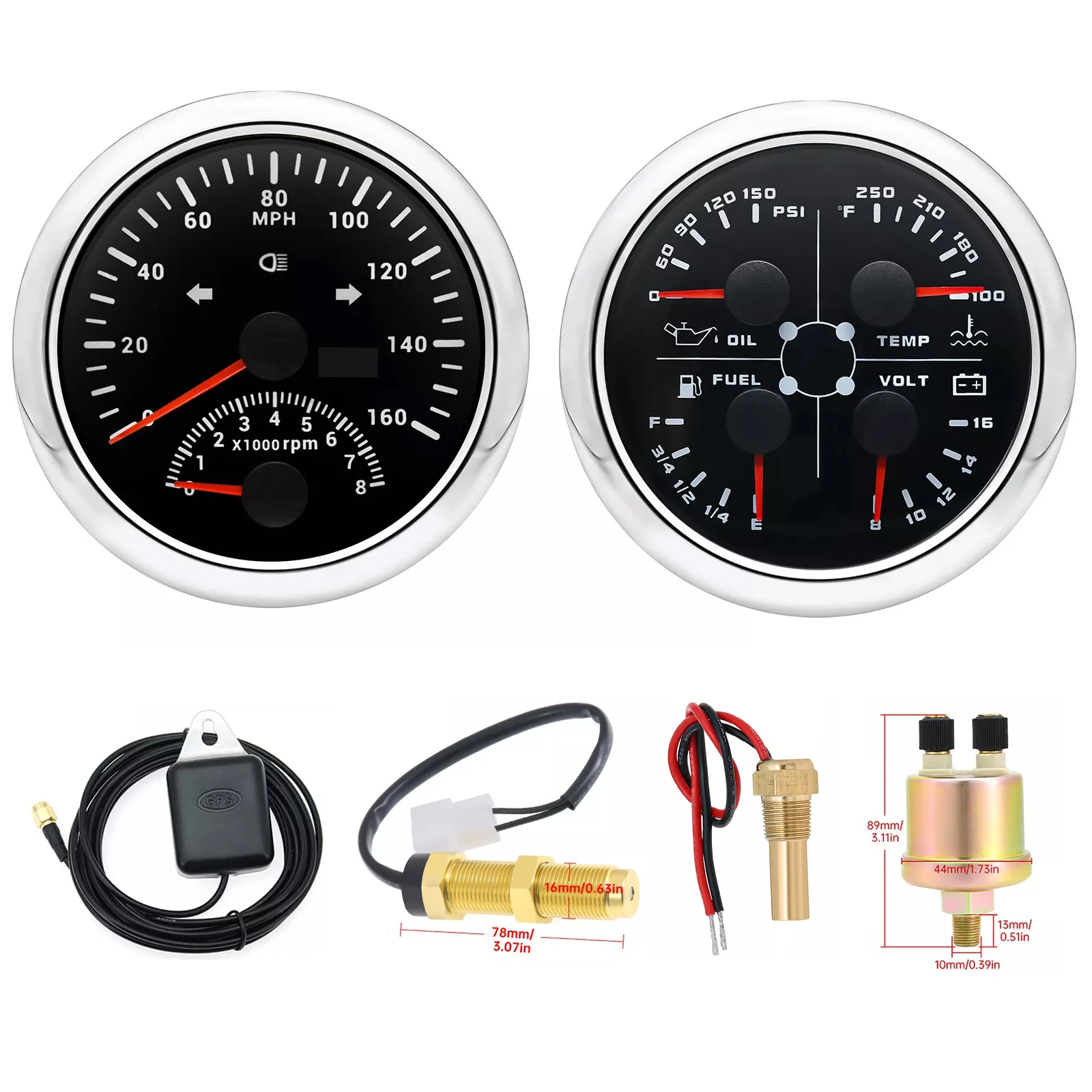 2 Gauge Set 85mm GPS Speedometer 0-160 MPH Tacho Fuel Temp Oil Volt With Sensor
