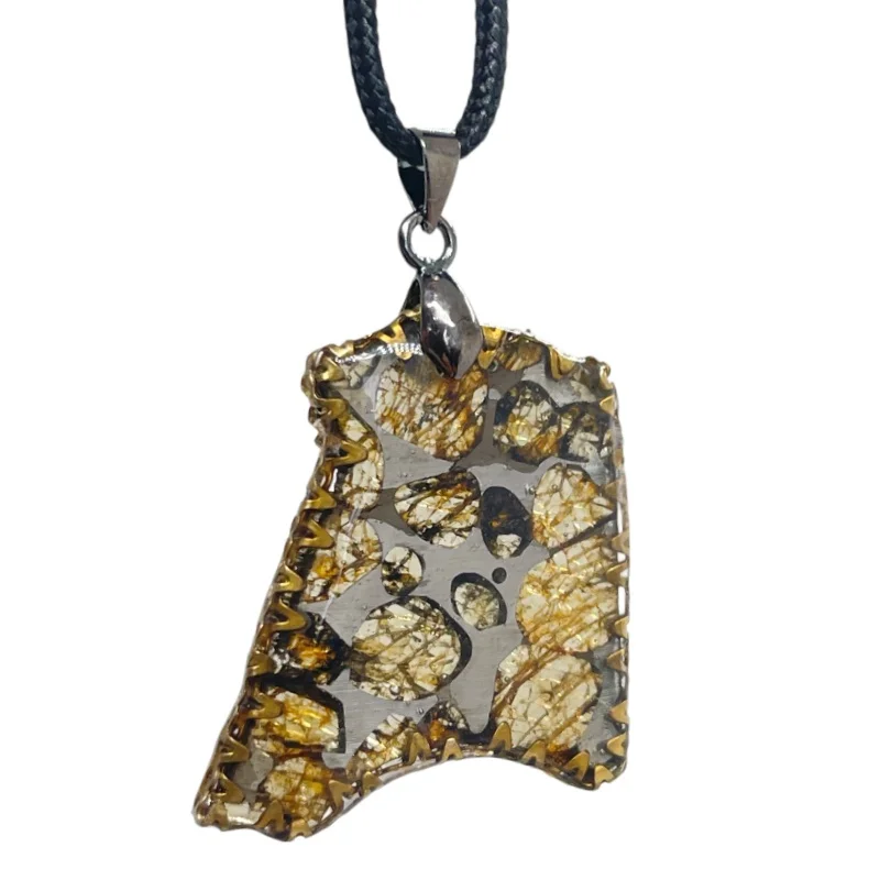 Natural Seymchan Meteorite Irregular Pendant Genuine Russian Pallasite Extraterrestrial Rock Necklace QB316