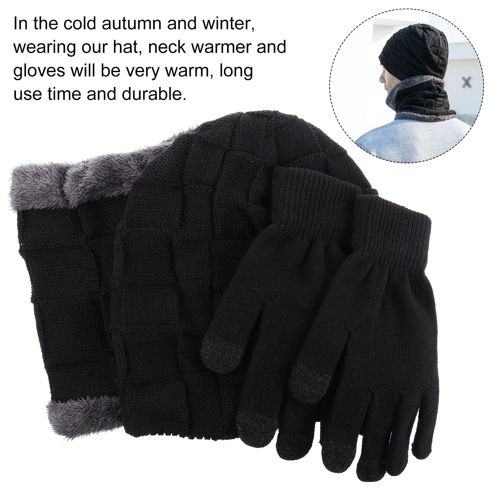 1 مجموعة الرجال قبعة وشاح قفازات مجموعة سميكة محبوك قبعة الشتاء وشاح دافئ الطقس البارد في الهواء الطلق هدية للتزلج التخييم التنزه