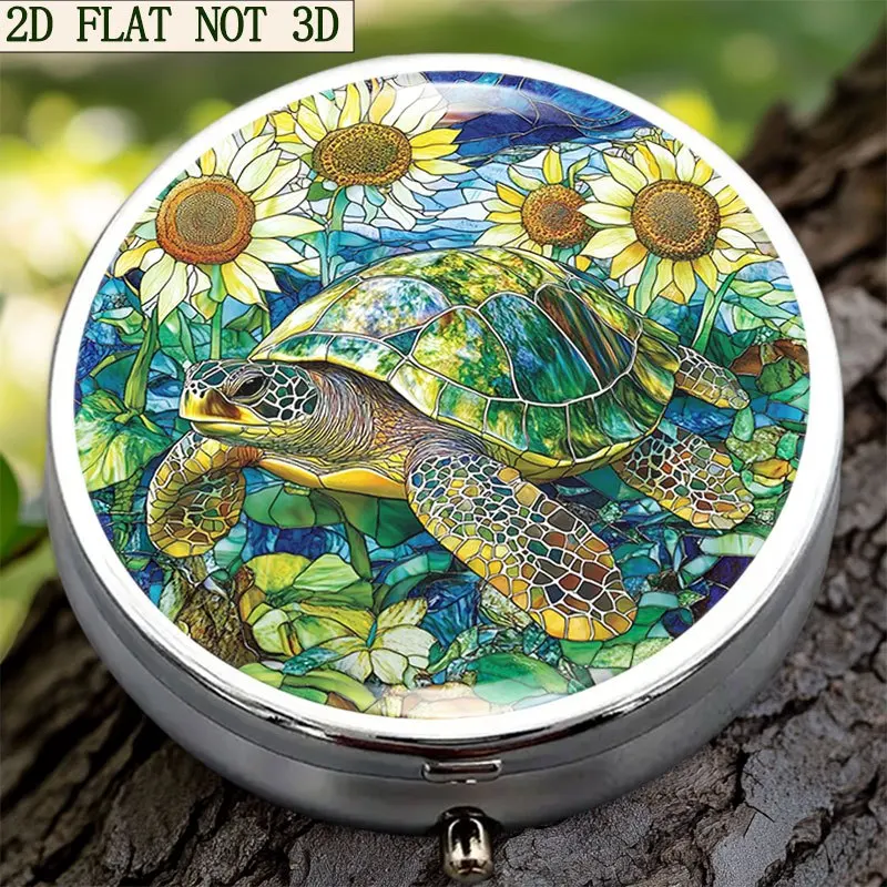 Single-piece, flat, round three-compartment pill box with patterned design, used for sorting and dispensing medication, symbolizing moments of love, suitable for gifting to girls, made of durable metal and plastic materials