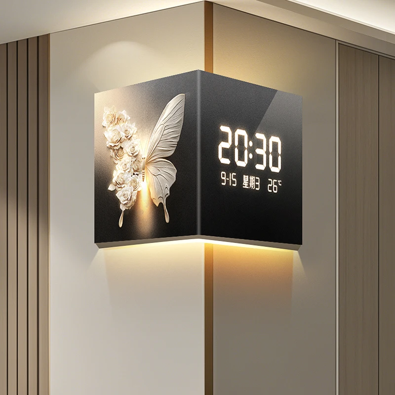 

Light Luxury Corner Living Room Decoration Wall Clock Mural Double Sided LED Electronic Screen Clock Wall Mounted Watch Design