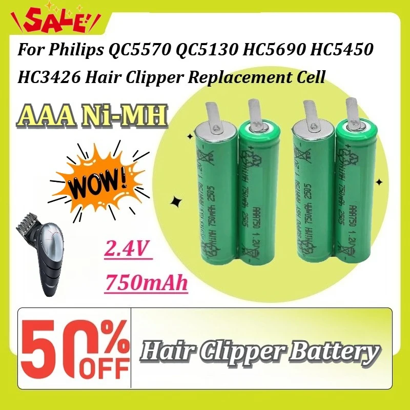 New 2.4V 750mAh AAA Ni-MH Rechargeable Battery for Philips QC5570 QC5130 HC5690 HC5450 HC3426 Hair Clipper Replacement Cell