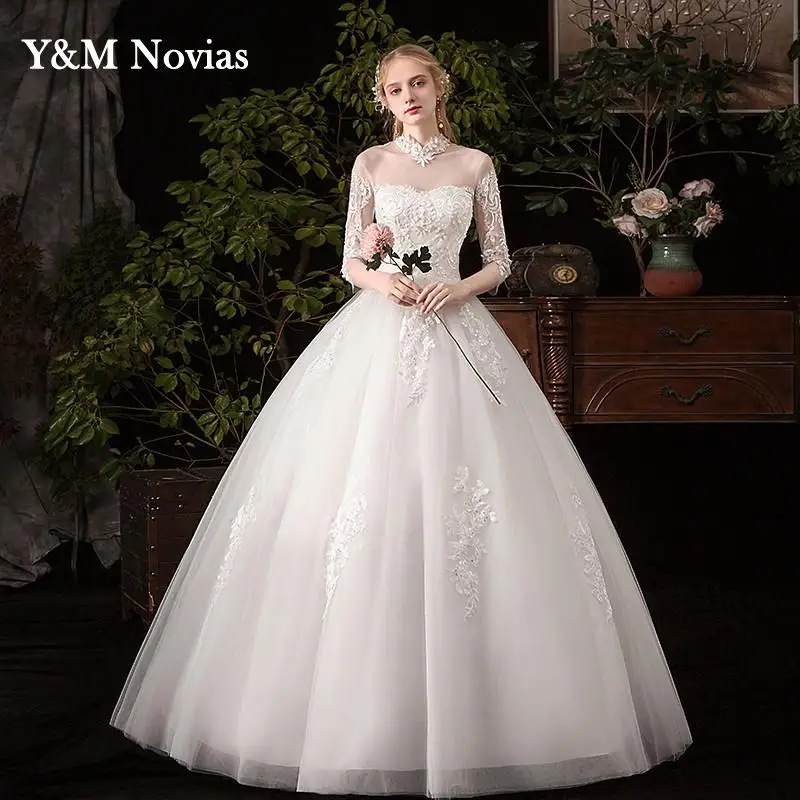 

Y&m Arabic Aso Ebi Vintage Lace Embroidery Appliques Wedding Dresses Sheer Neck Princess Bridal Dresses Sexy Cheap Wedding Gowns