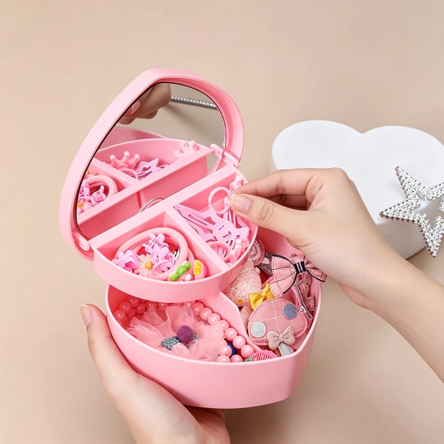 

Pink girl heart jewelry storage box for desktop, love-shaped jewelry box for student dormitory, double-layer mirror storage box