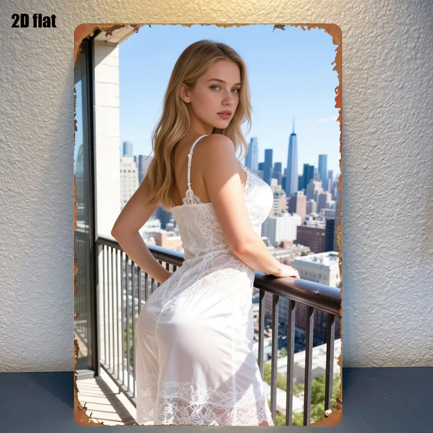 Urban Skyline & Elegant Woman Oil Painting Metal Sign, Farmhouse Wall Art Decor 8x12 Inch