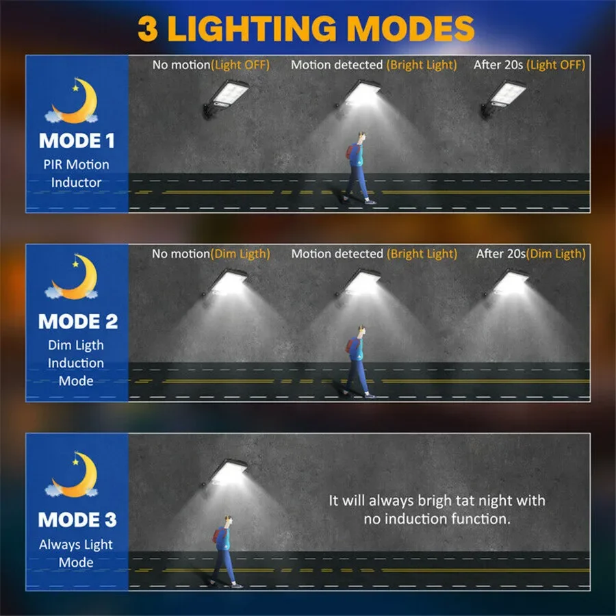 مصباح شارع شمسي مقاوم للماء ، مصباح خارجي ، مستشعر حركة ، إضاءة أمان للحديقة ، الفناء ، المسار ، الفناء ، 3 وضع إضاءة ، 10000 لومن