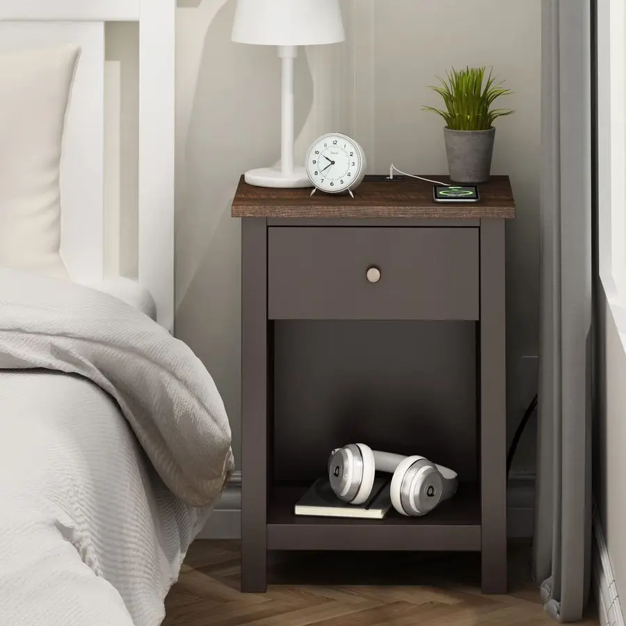

Nightstand with Charging Station, Wooden Top Bedside Table with Drawer and Storage Space for Bedroom, Espresso