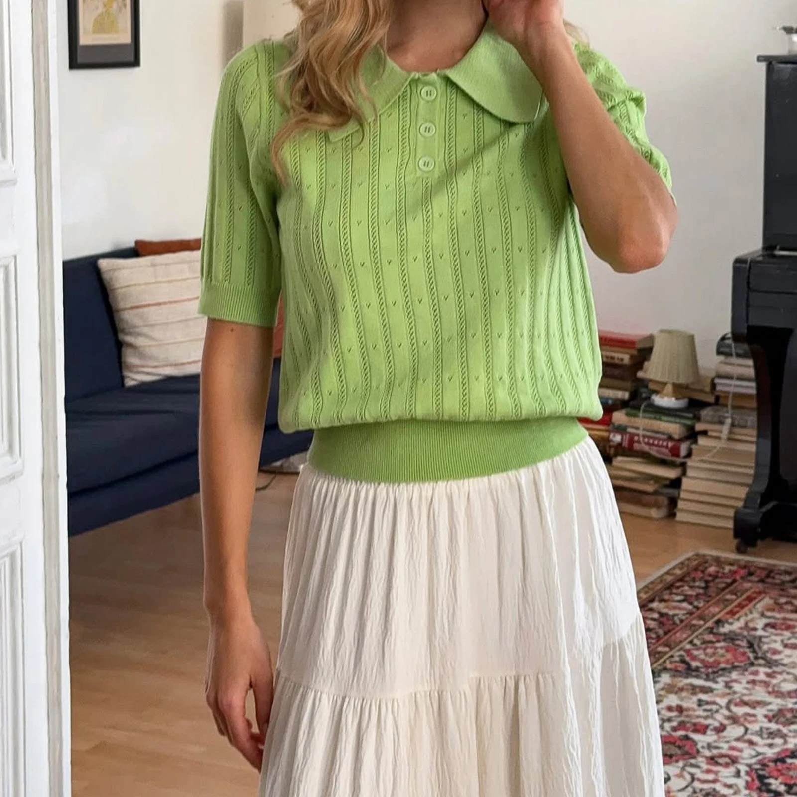 

Women s Summer Knit Tops Short Sleeve Turn Down Collar Solid Color Cutout T-shirt
