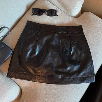 Wine Red PU Leather Skirts for Women Sexy Clubwear Hip-Wrapped Leather Mini Skirt Female Spring Autumn Anti-Glare Short Skirts 6