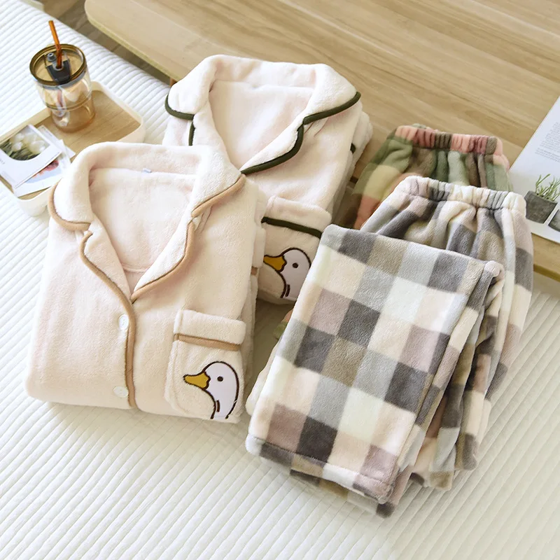 Sweet duck Thicken flannel pajamas sets women keep warm winter homewear long-sleeved sleepwear pyjamas