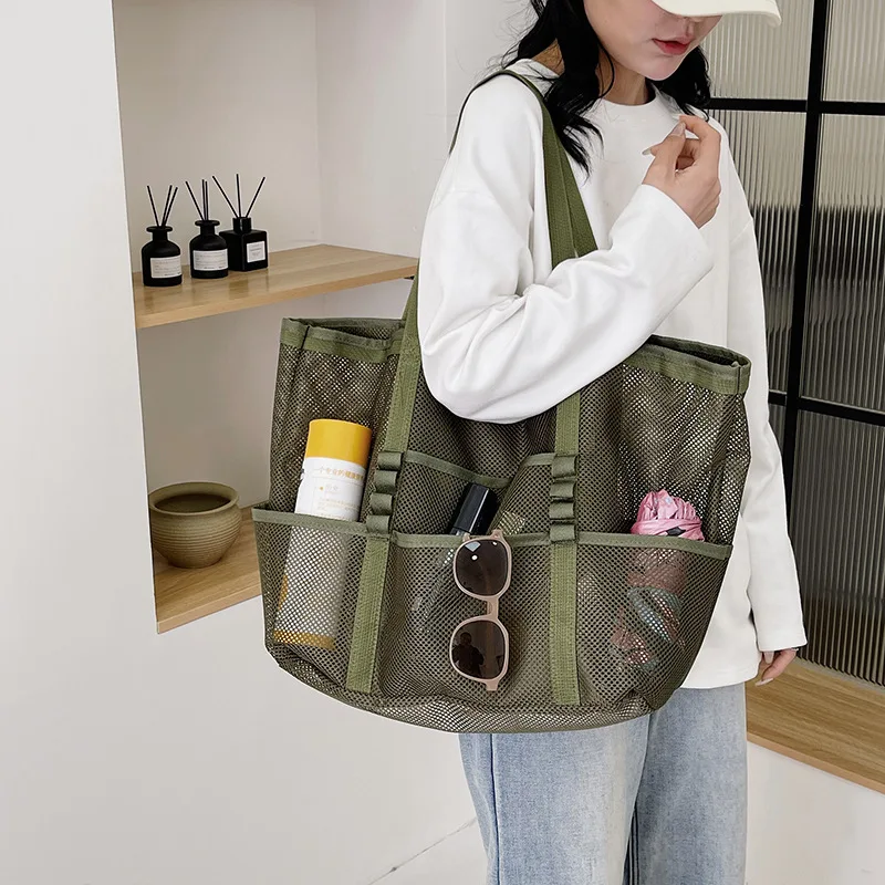 Oversized Shoulder Tote Bags For Women Mesh Fabric Hollow-out Multi-pocket Big Capacity Shopper Beach Handbags 2024 Summer