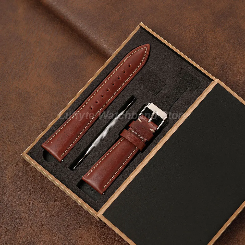 Business Style Men Oil Wax Leather Watchband 18 19 20 21 22mm Quick Release Gift Packing Box Replacement Wrist Straps