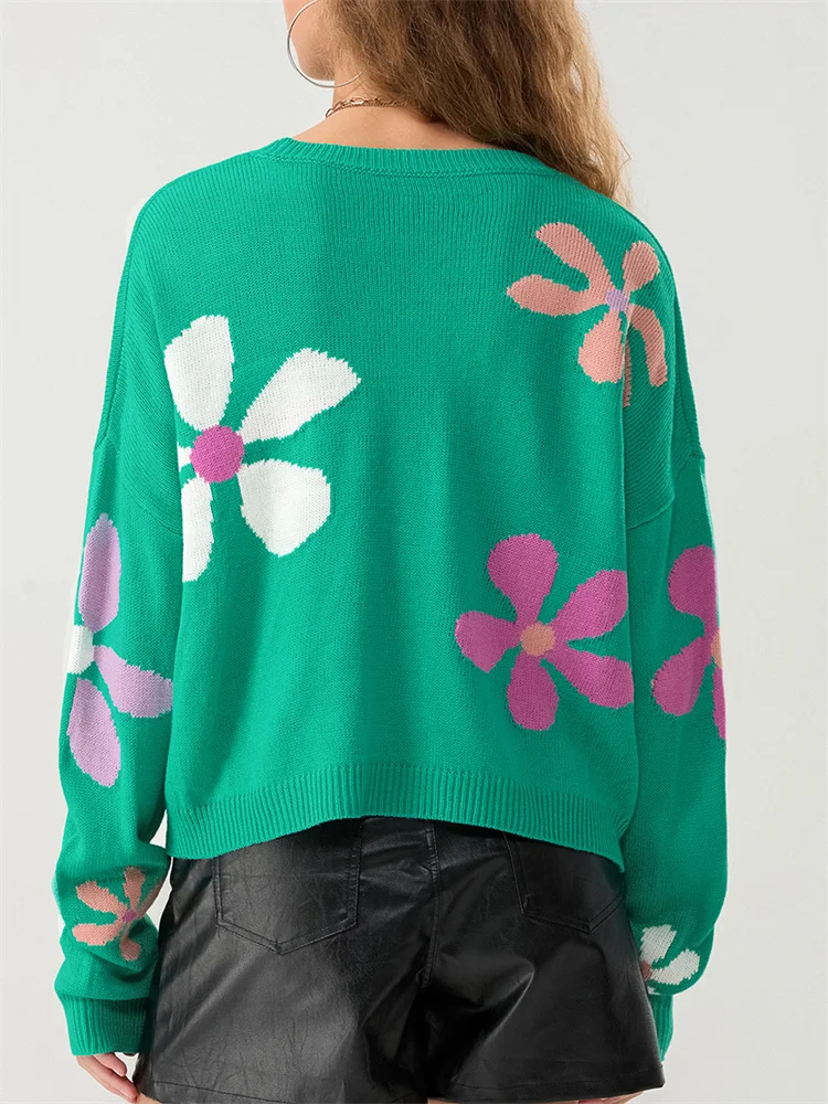 

CHRONSTYLE Women Floral Print Sweaters Long Sleeve Round Neck Loose Casual Knitted Pullovers Tops Spring Autumn Streetwear 2025