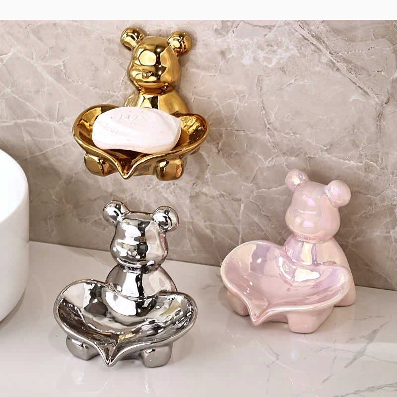 

Cute Animal Shape Ceramic Soap Dish Home Bathroom Solid Color Draining Soap Box Shelves Storage Rack Bathroom Accessories
