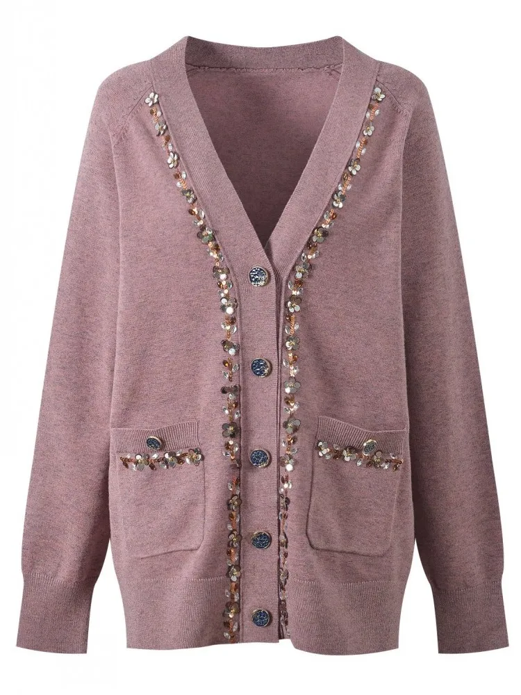 Damski sweter na jesień, luźny krój, długi rękaw, dekolt w serek, dzianinowy kardigan, kurtka z cekinami, modny, zapinany na jeden guzik.