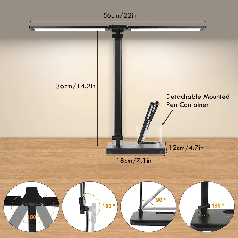 Desk Lamp with Dual Head, Dual Swing Arm Desk Light Reading Light Study Light 5 Lighting Modes Dimmable Brightness Touch Control