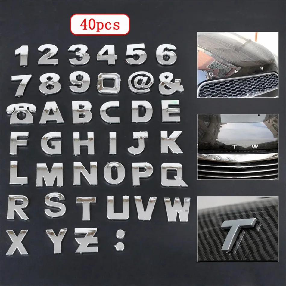 

40Pcs/set 3D Chrome Badge Alphabet Letter Number DIY Car Stickers Symbol Emblem Badge Decor Decals Car Exterior Accessories