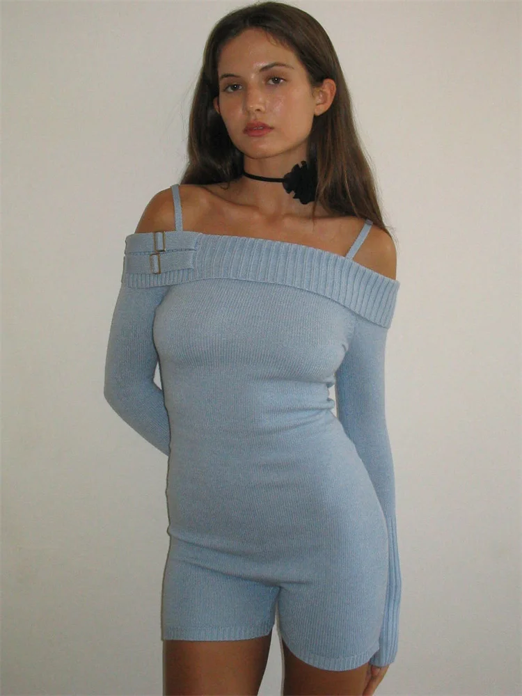 Tossy Summer New Off-Shoulder Jumpsuit For Women Long Sleeve Y2k Slim Playsuit Knitwear High Waist Short Sets Casual Rompers