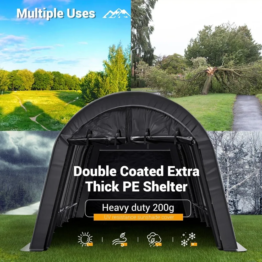 12x20 FT Heavy Duty Carport, Round Style Portable Garage Waterproof Anti-Snow Shelter Storage Canopy, Doors sheds