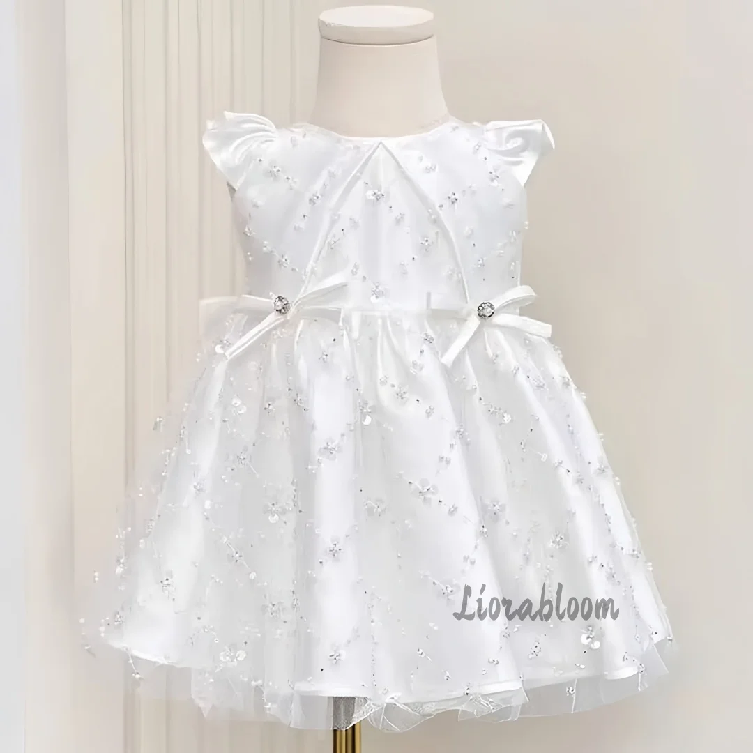 

Girls' Pearl-Embellished Dress White Sequin Flower Girl Dress Short Party Dress Short Wedding Dress Short-Sleeve Formal Gown