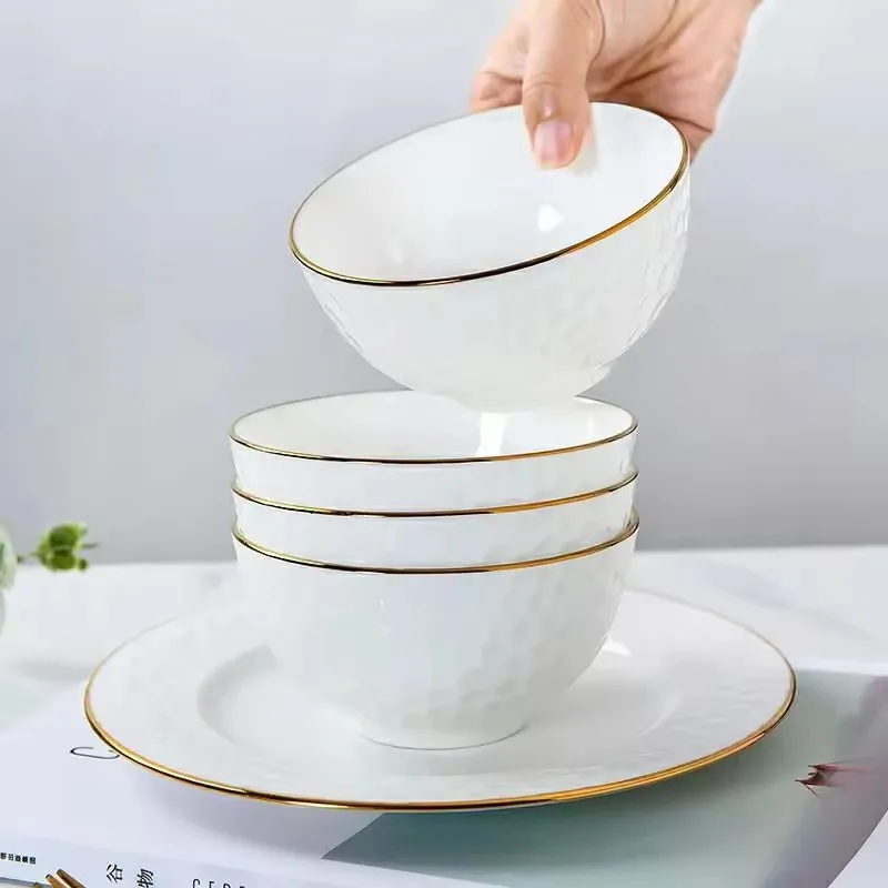 

4pcs Gold Trim Rice Bowl Bone China Food plate set Ramen bowl Japanese Style Dinner plates Ceramic Deep Disk Embossment Cutlery