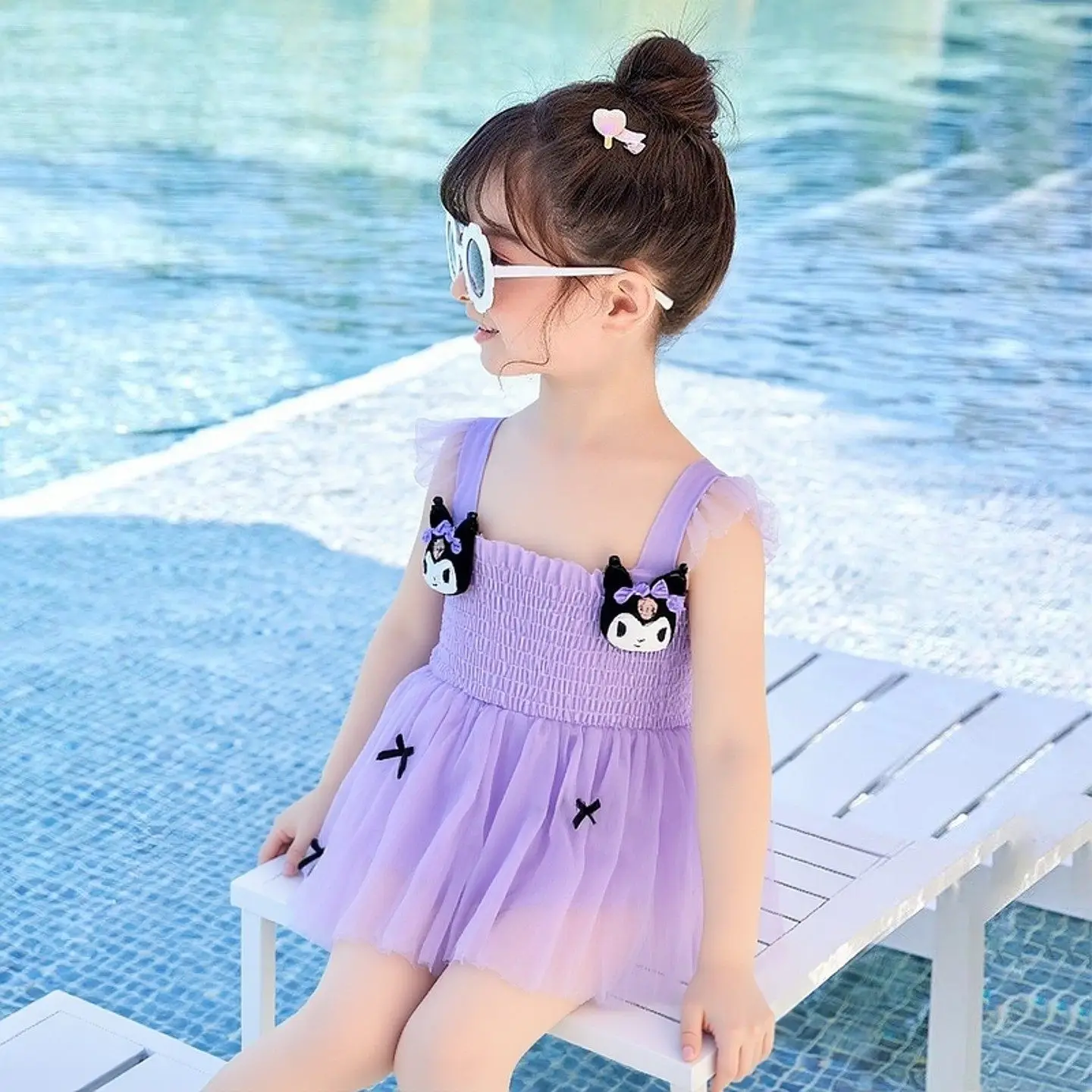 

Kuromi Girls Quick Dry Swimsuit, 3D Cartoon Cute Bathing Suit, Princess Tulle Skirt Tankini for Kids