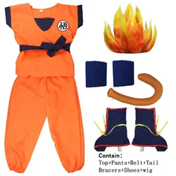 Disfraz de superhéroe para niños y adultos, conjunto completo de Cosplay de Son Goku Wu, Top, pantalones, peluca, zapatos, cinturón, cola para fiesta de Carnaval