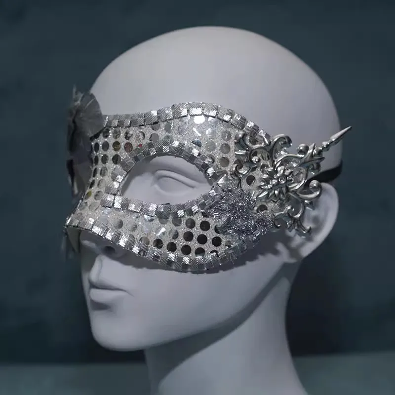 Silver Male Half Face Live Streamer Venice Party Costume Ball Mask