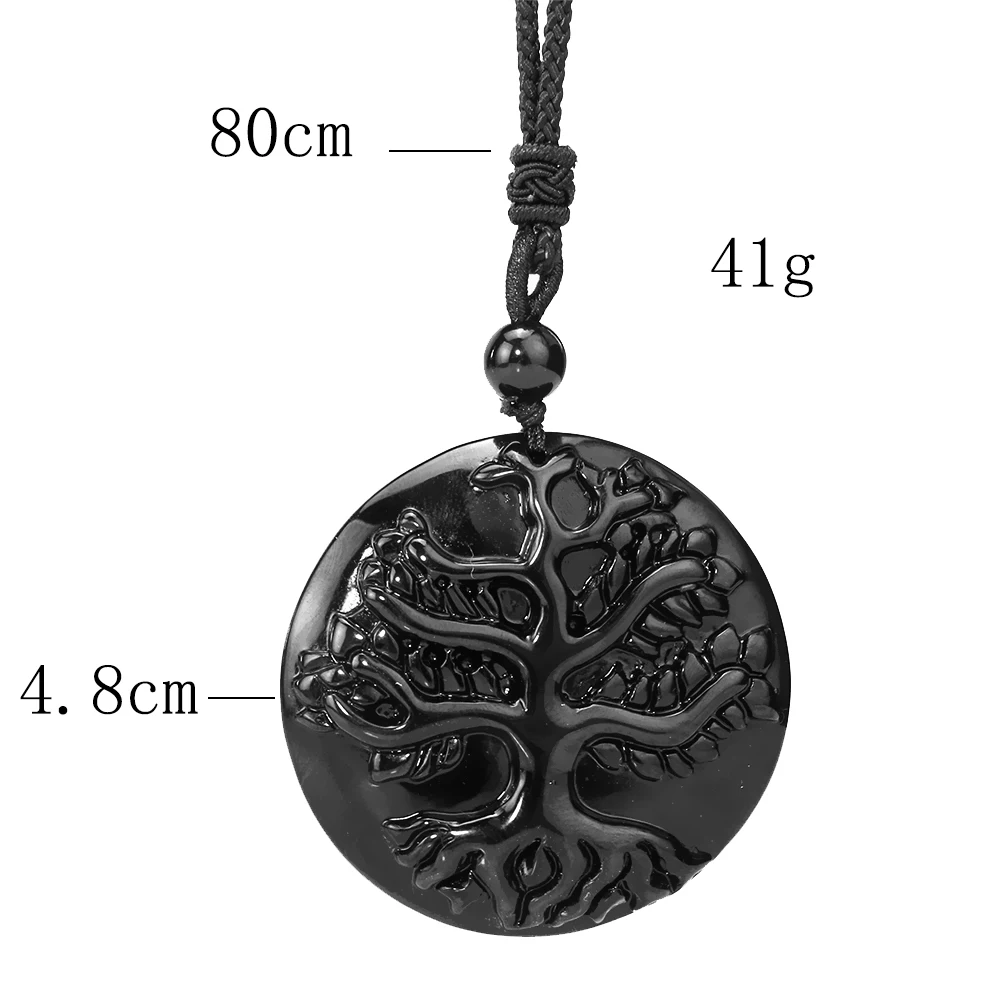 Natural Obsidian Laser Carving Tree of Life Pendant Necklace for Men Women Lucky Amulet Sweater Chain Meditation Jewelry Gifts