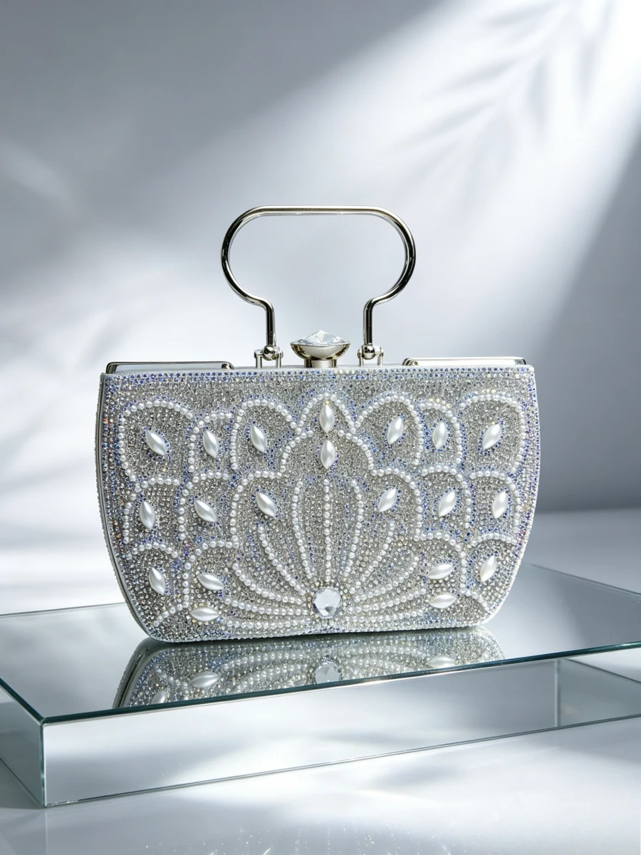 2026 Silver Base Pearl Leaf Rhinestone Metal Top Handle Clutch Women Elegant Runway Prom Wedding Handbag For Middle Aged Ladies