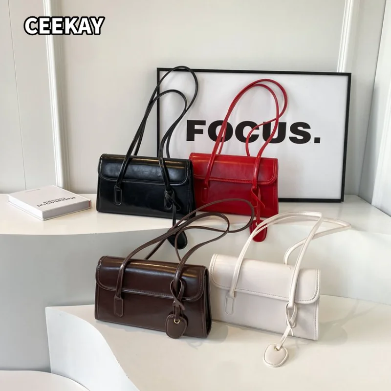 CEEKAY Women's Shoulder Bag Dark Brown Glossy PU Leather Long Flap Handbag Leather Tag Pendant Daily Commute Casual Minimalist